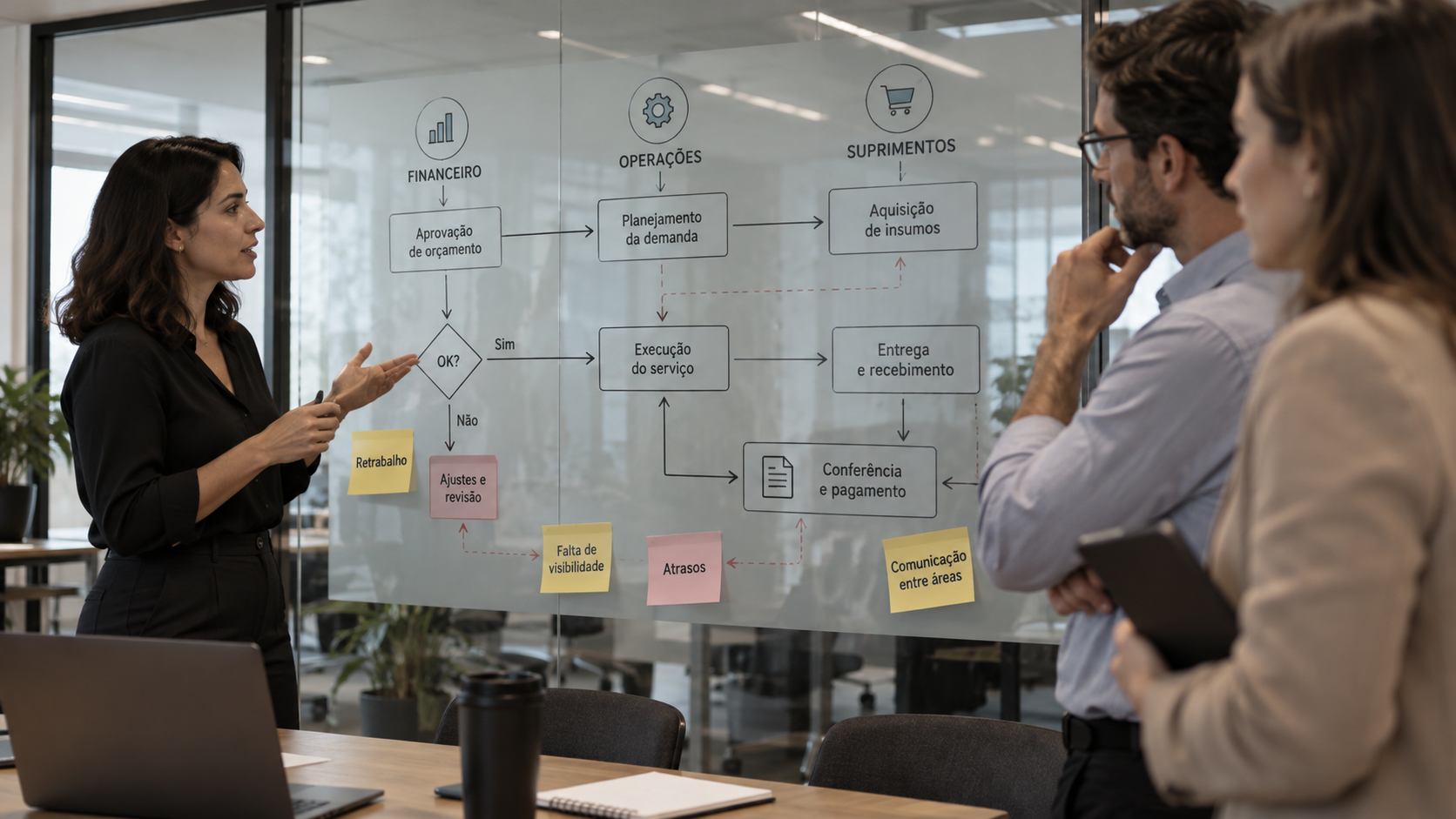Profissional apresenta um fluxo entre financeiro, operações e suprimentos, com notas sobre retrabalho, atrasos e comunicação.