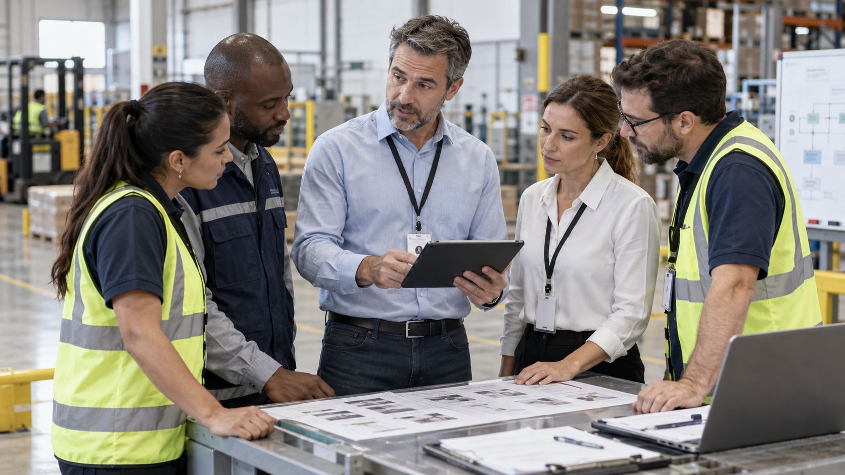 Equipe em ambiente industrial revisa documentos e um tablet durante uma conversa sobre a operação.