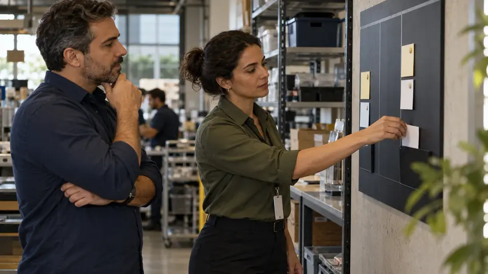 Dois gestores revisam poucos cartões de exceções em um quadro de ações no ambiente de trabalho.