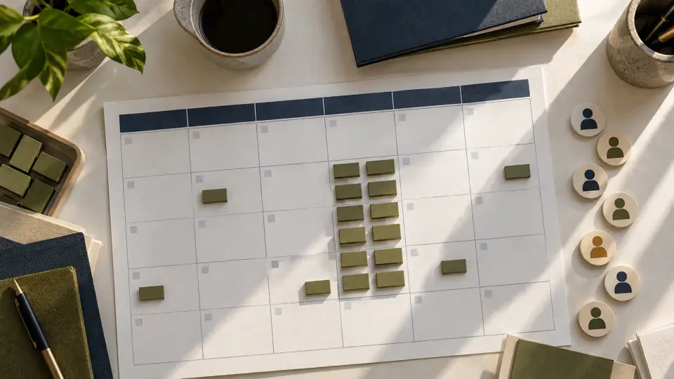 Blocos se concentram em uma faixa de um calendário físico, ao lado de fichas de perfis profissionais.