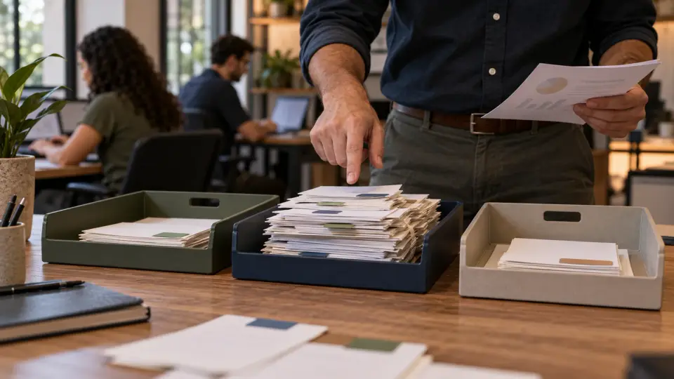 Profissional aponta o acúmulo de cartões em uma etapa intermediária de uma sequência de bandejas de trabalho.