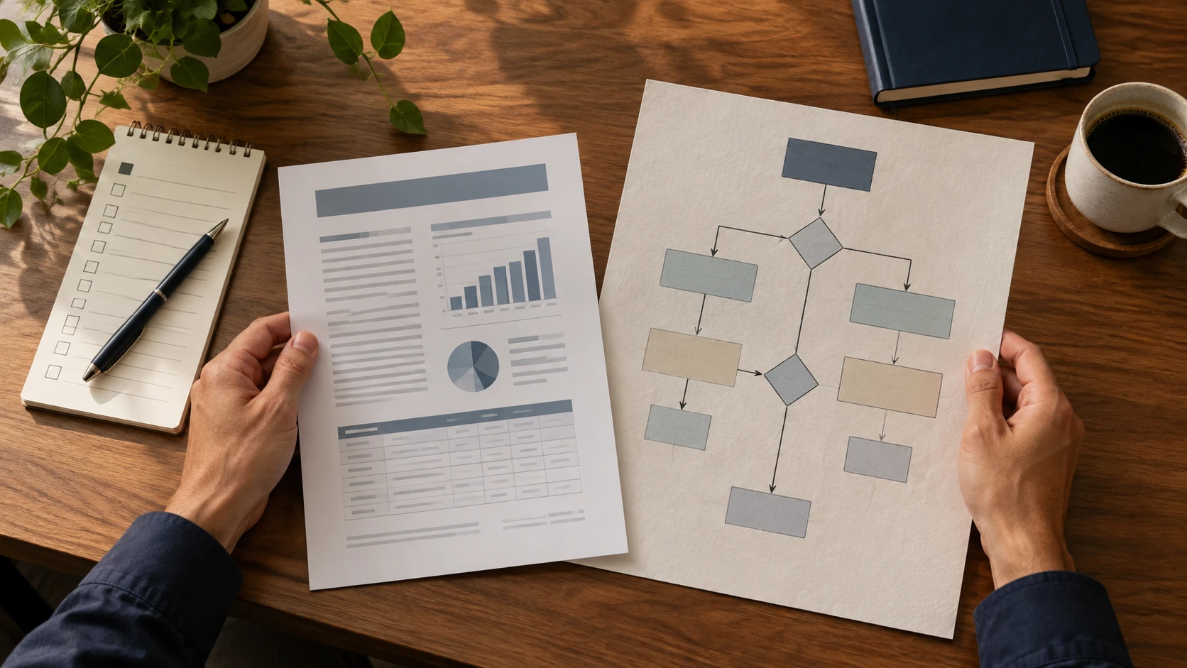 Mãos comparam um exemplo concluído com checklist e mapa físico de decisão.