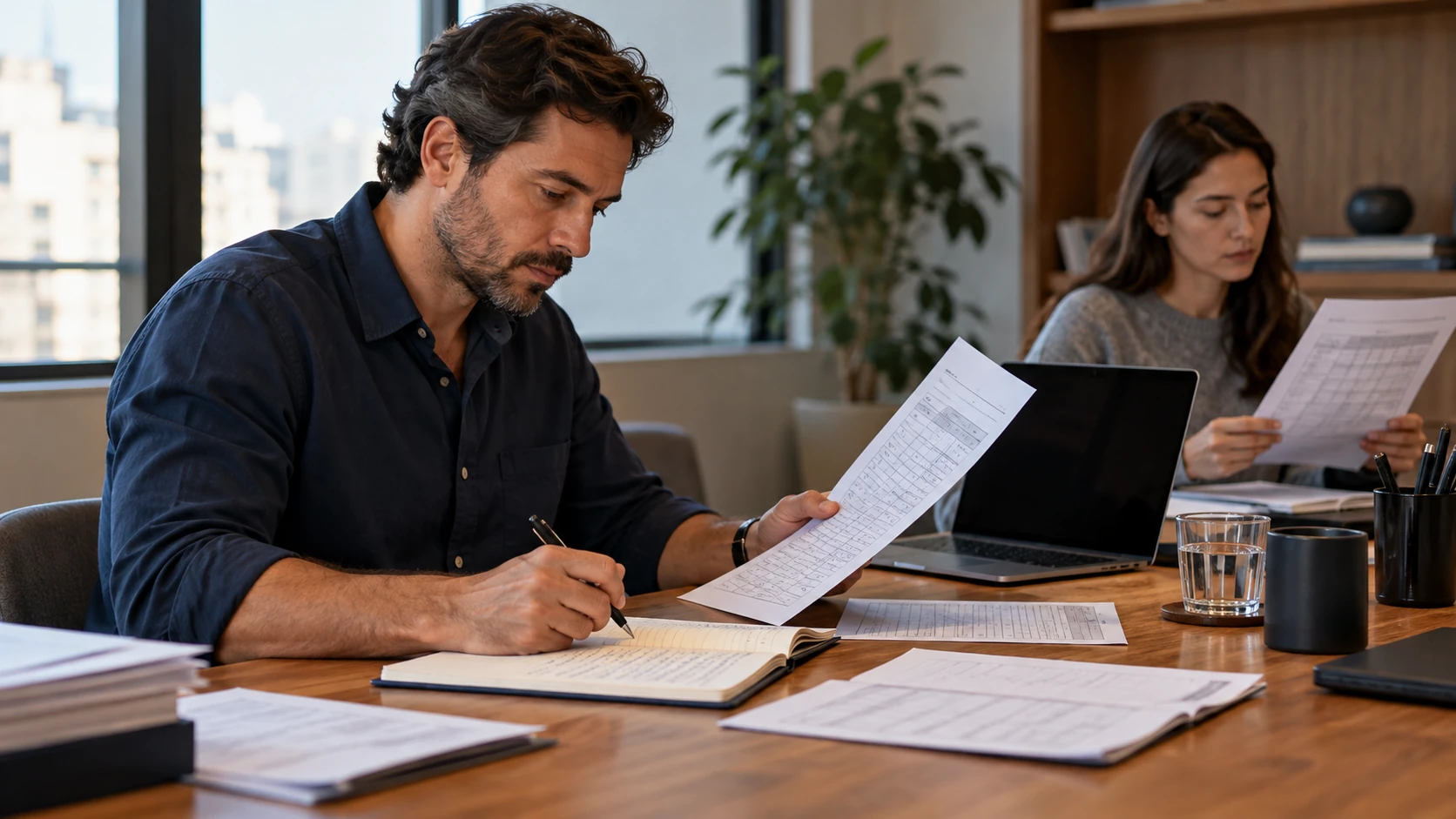 Equipe confere relatórios em papel ao lado de um notebook durante o teste de uma alternativa manual.